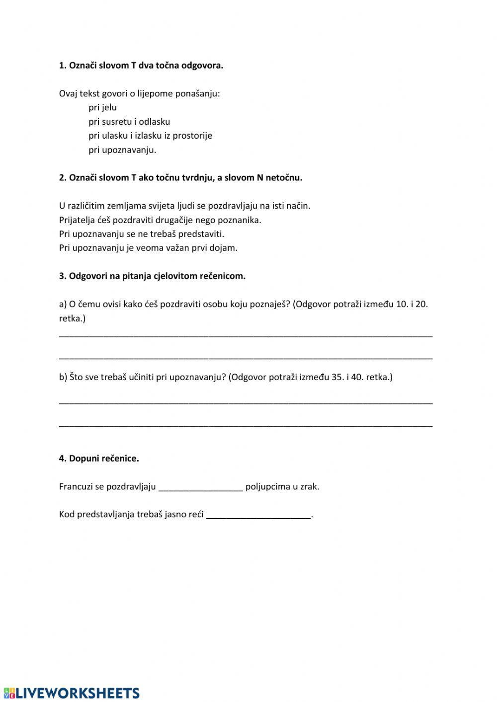 Razumijevanje pročitanog HBG 6 - Lijepo ponašanje za dobar dan