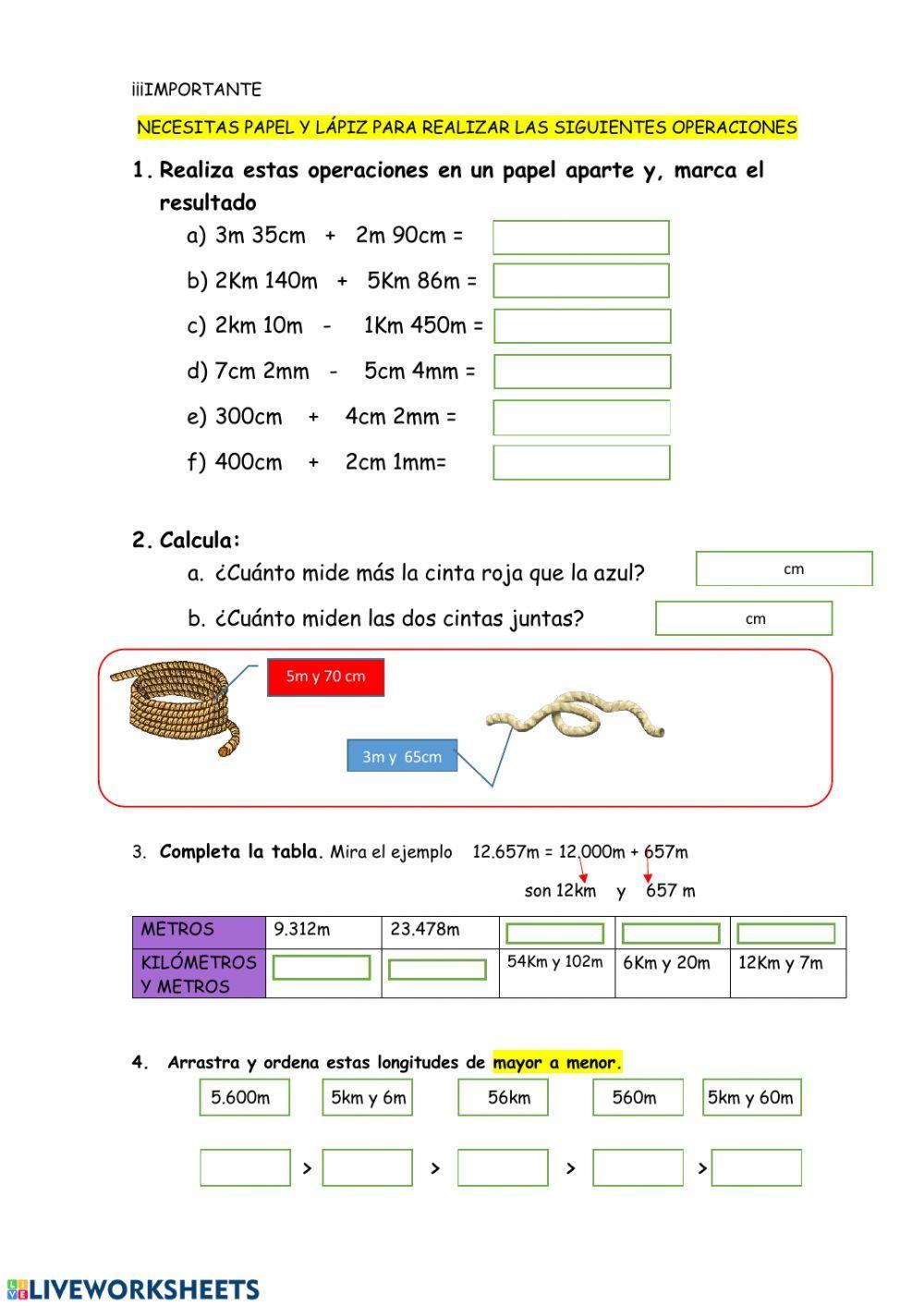 Sumas y restas con medidas de longitud adaptado 3º