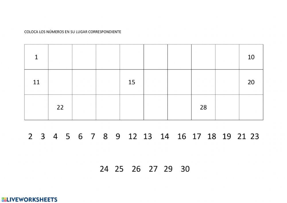 Tabla numeración hasta 30