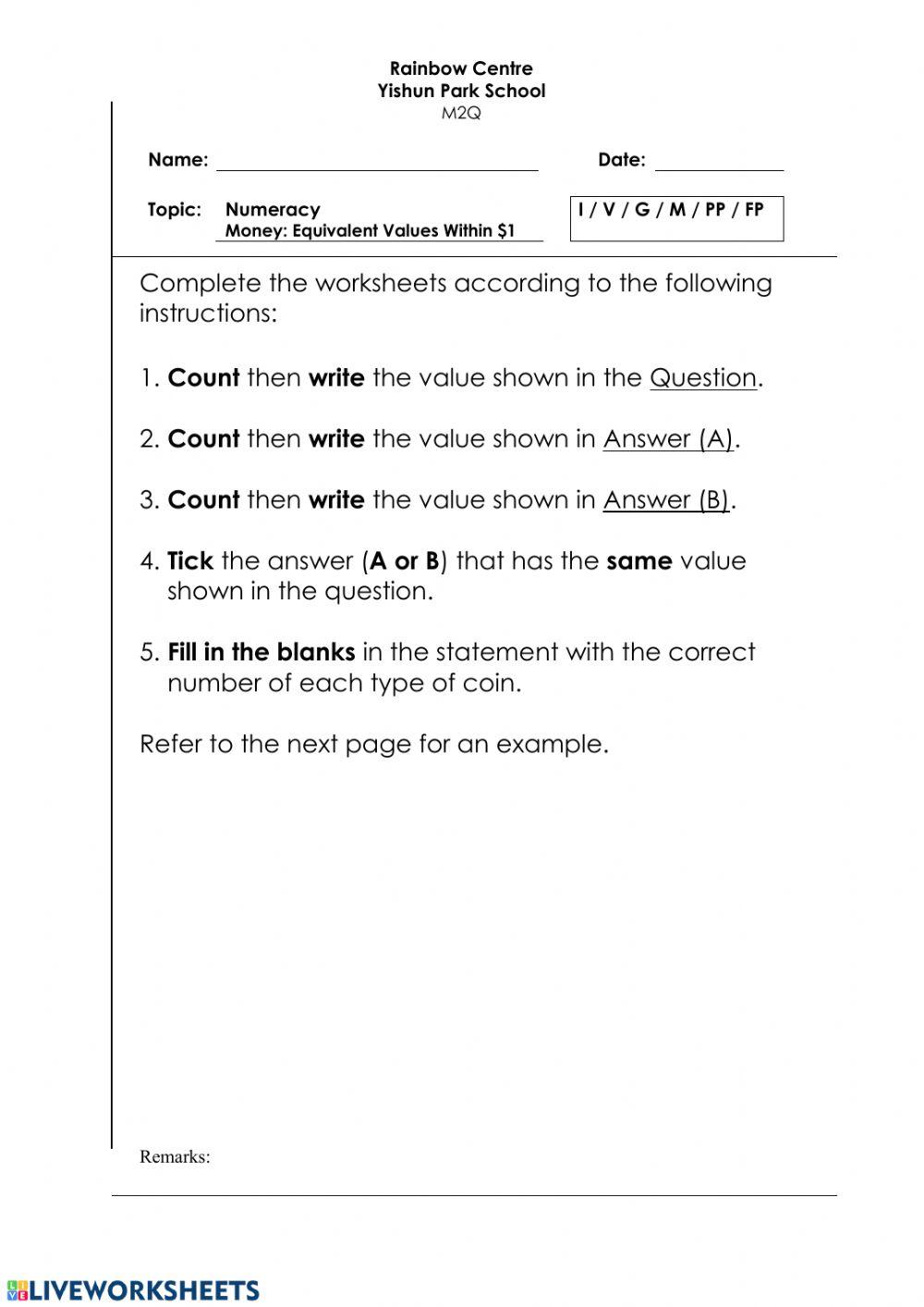 Money Writing + Tick Worksheet - Equivalent Values Within -1 D, L, Y 2 