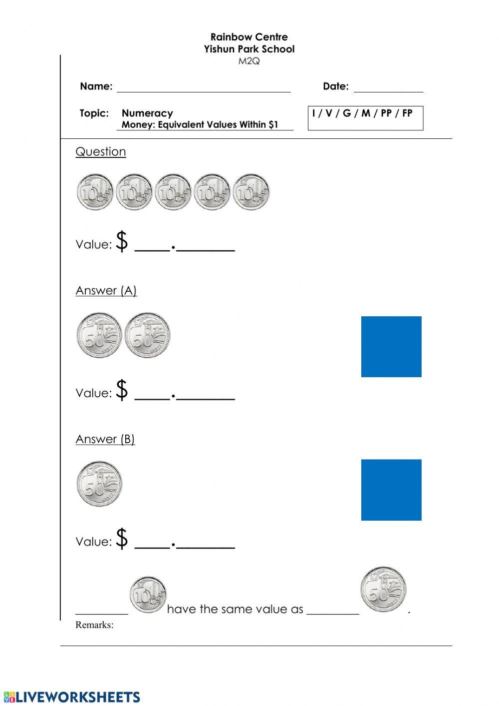 Money Writing + Tick Worksheet - Equivalent Values Within -1 D, L, Y 2 