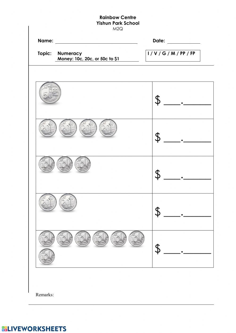 Money Writing Worksheet - 10c, 20c, or 50c to -1 D, L, Y