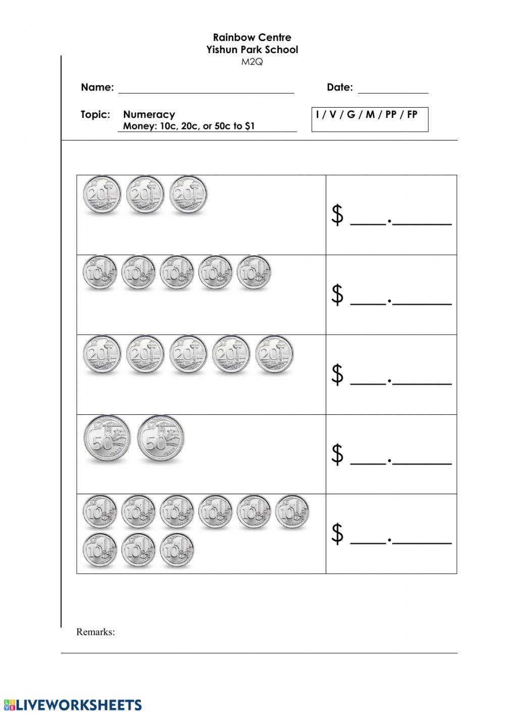 Money Writing Worksheet - 10c, 20c, or 50c to -1 D, L, Y