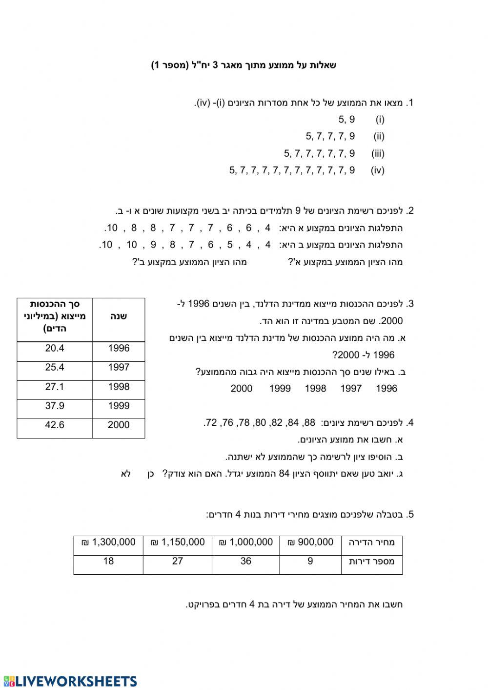 ממוצע דף 1 מתמטיקה