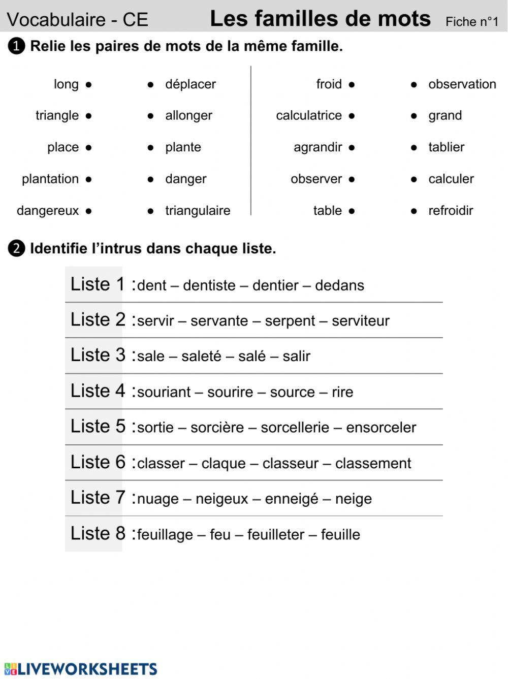 Mots De La Même Famille Que Froid Famille de mots online exercise for | Live Worksheets