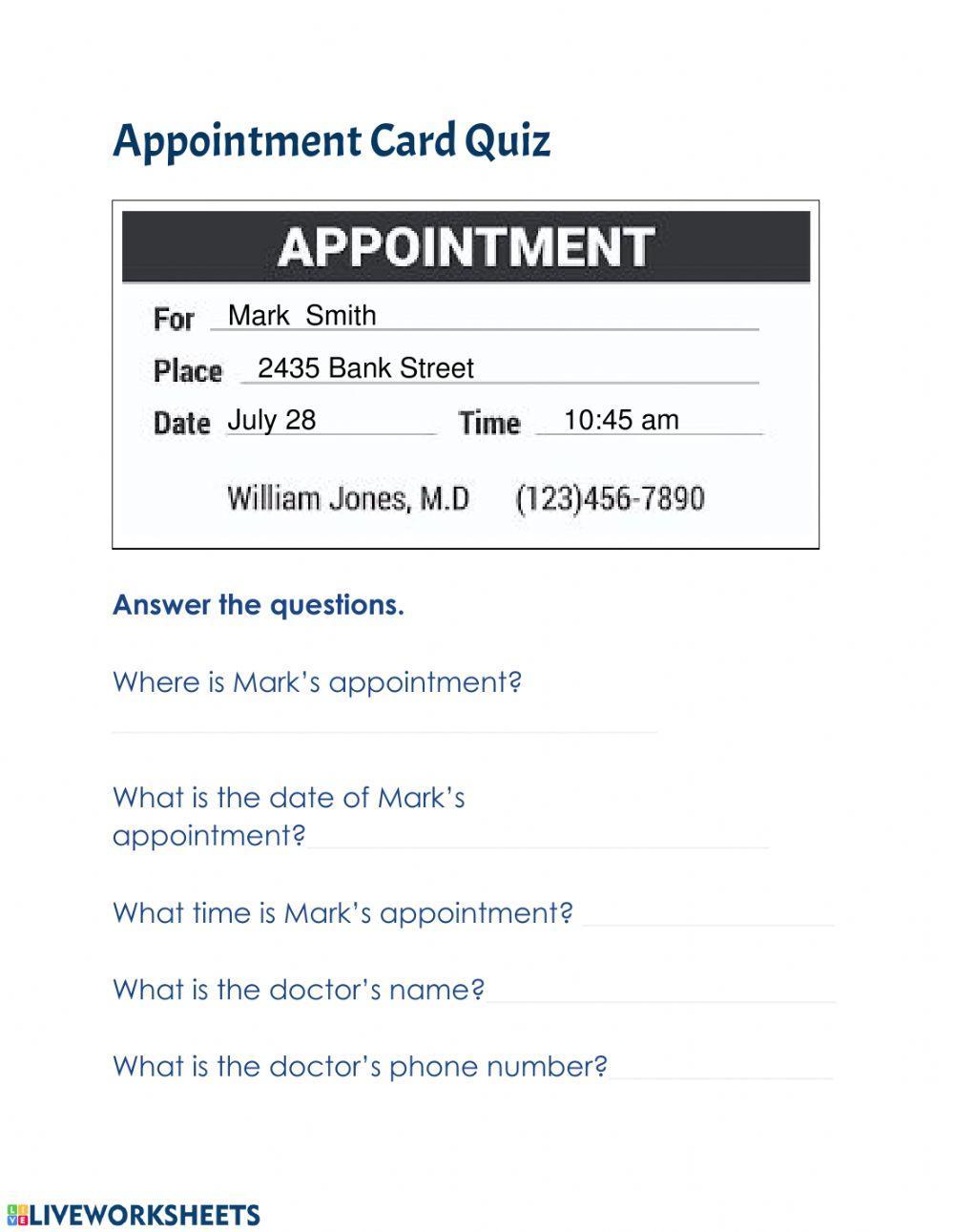 Appointment Card Quiz