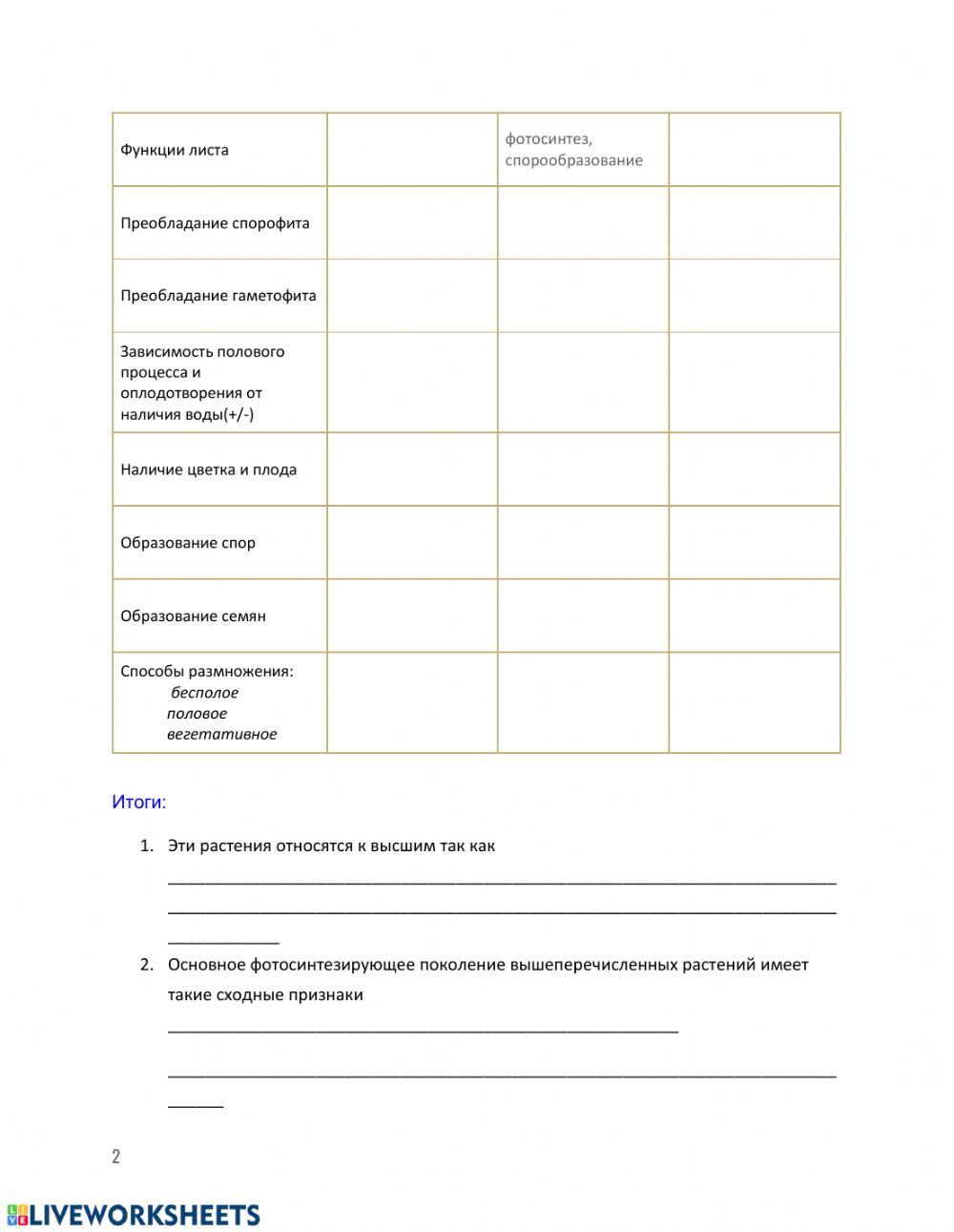 Практическая работа Сравнение строения мхов, папоротников, покрытосеменных