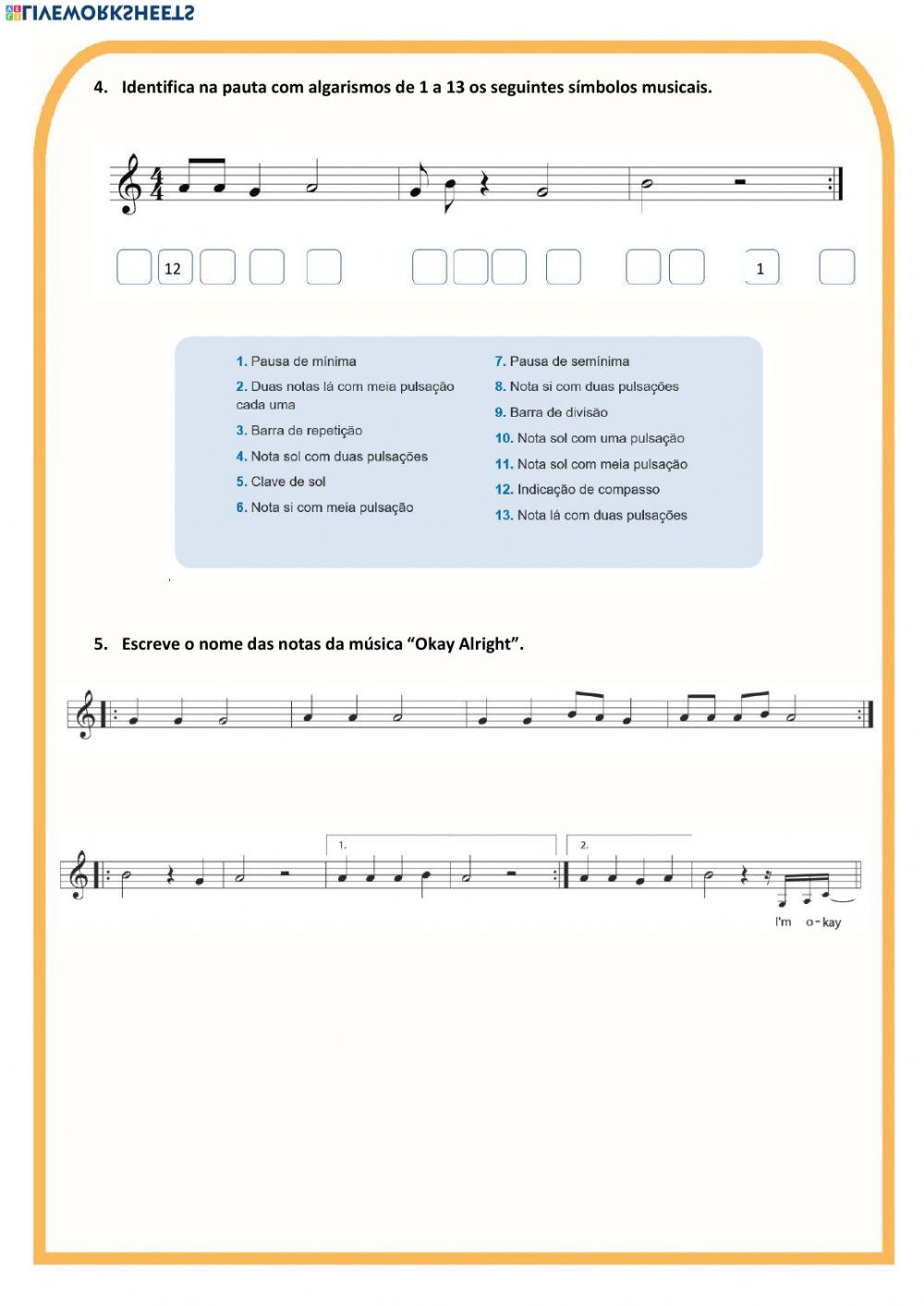 Ficha Educação Musical-Si, Lá e Sol