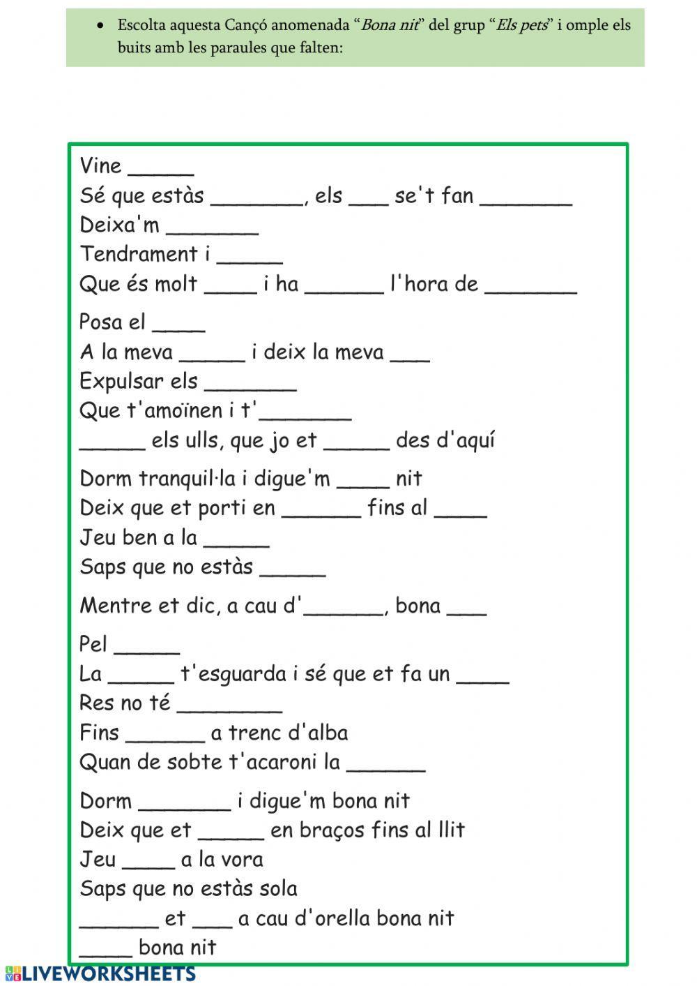 Cançó -bona nit- (Els pets) - omplir els buits