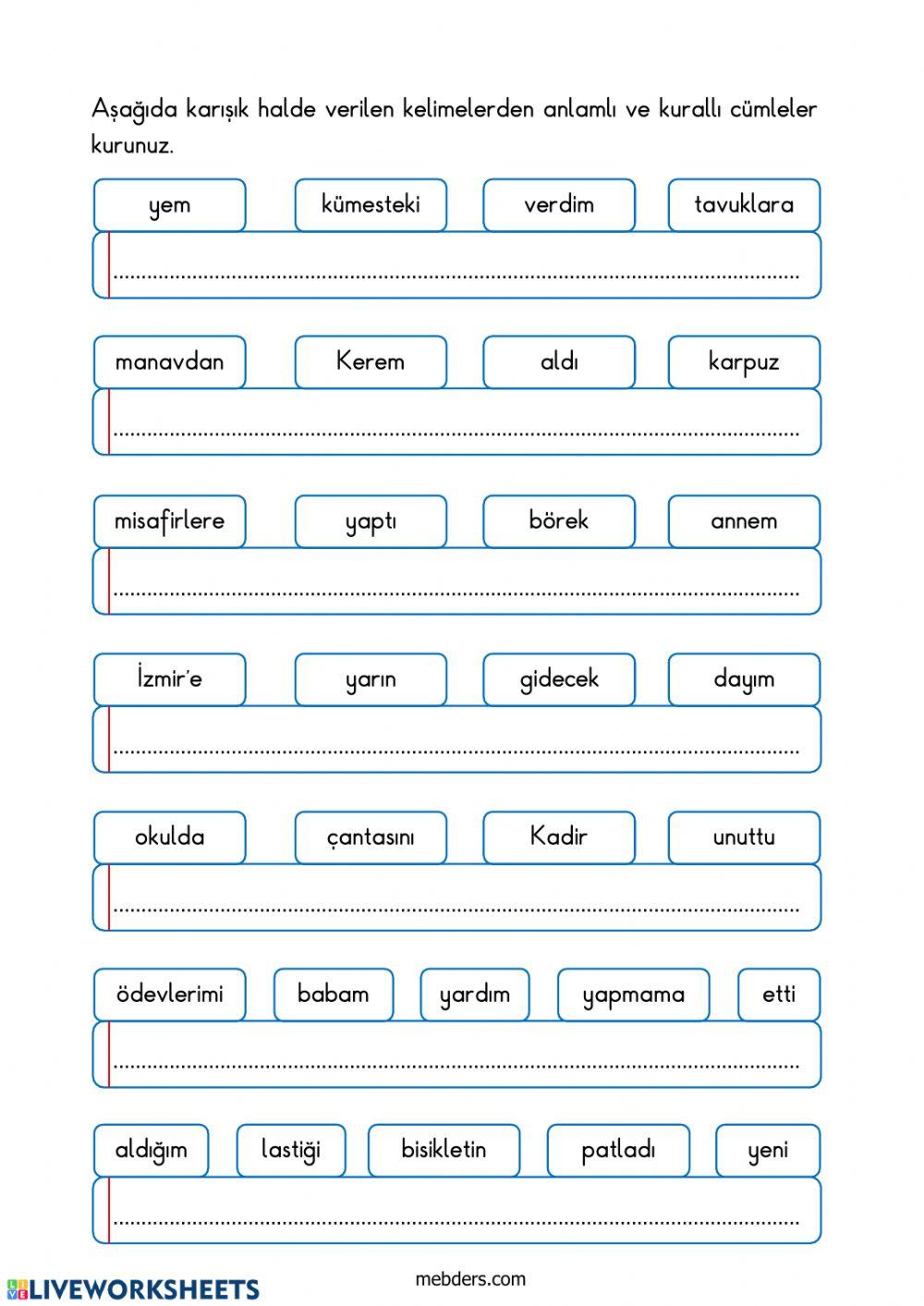 Türkçe kelime-cümle çalışması