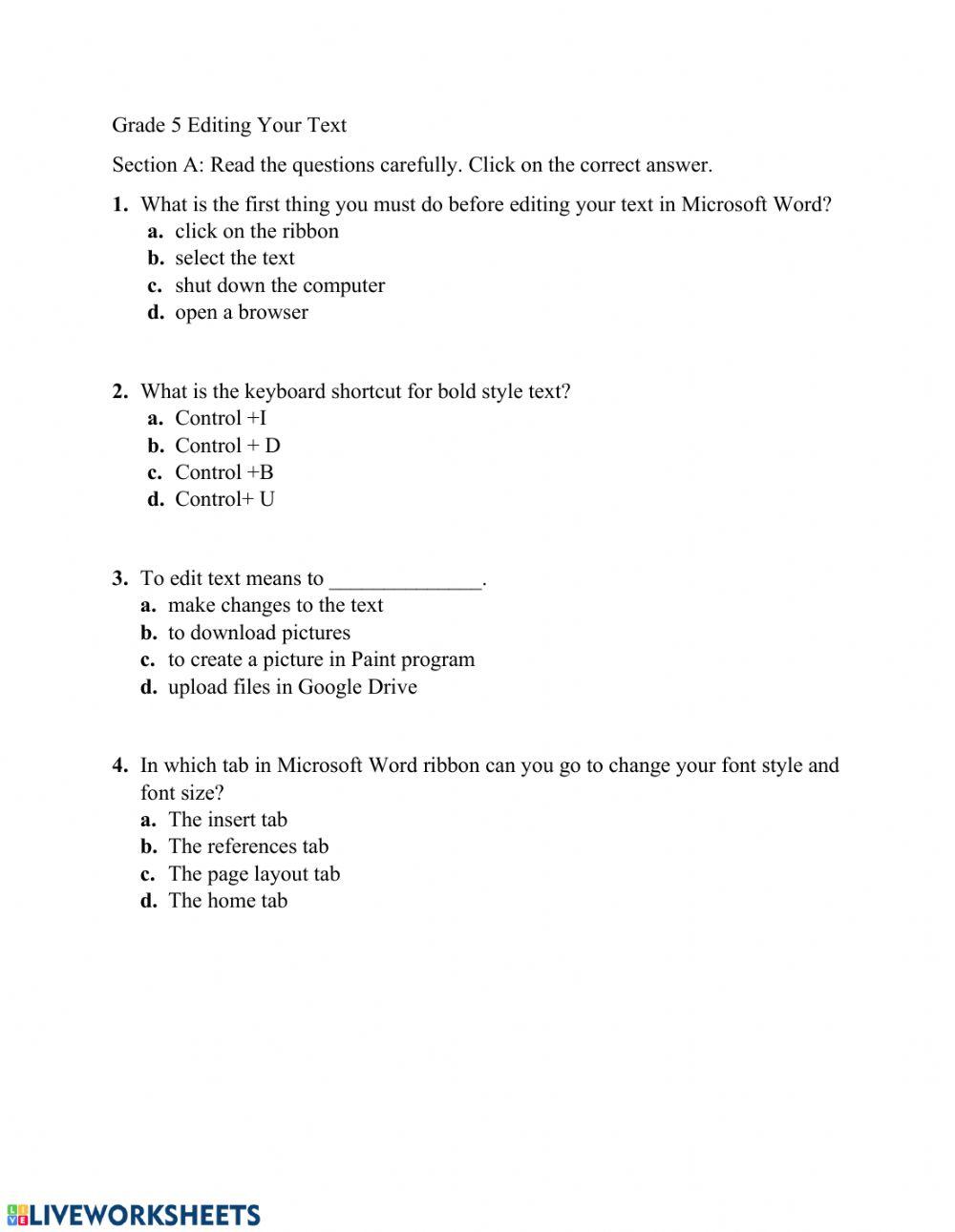 Grade 5 Editing Your Text Questions 5587157 | Davonne