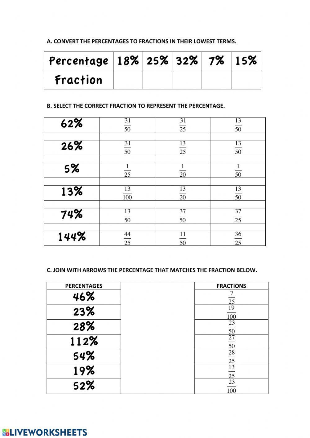 Converting Percentages to Fractions worksheet Live Worksheets