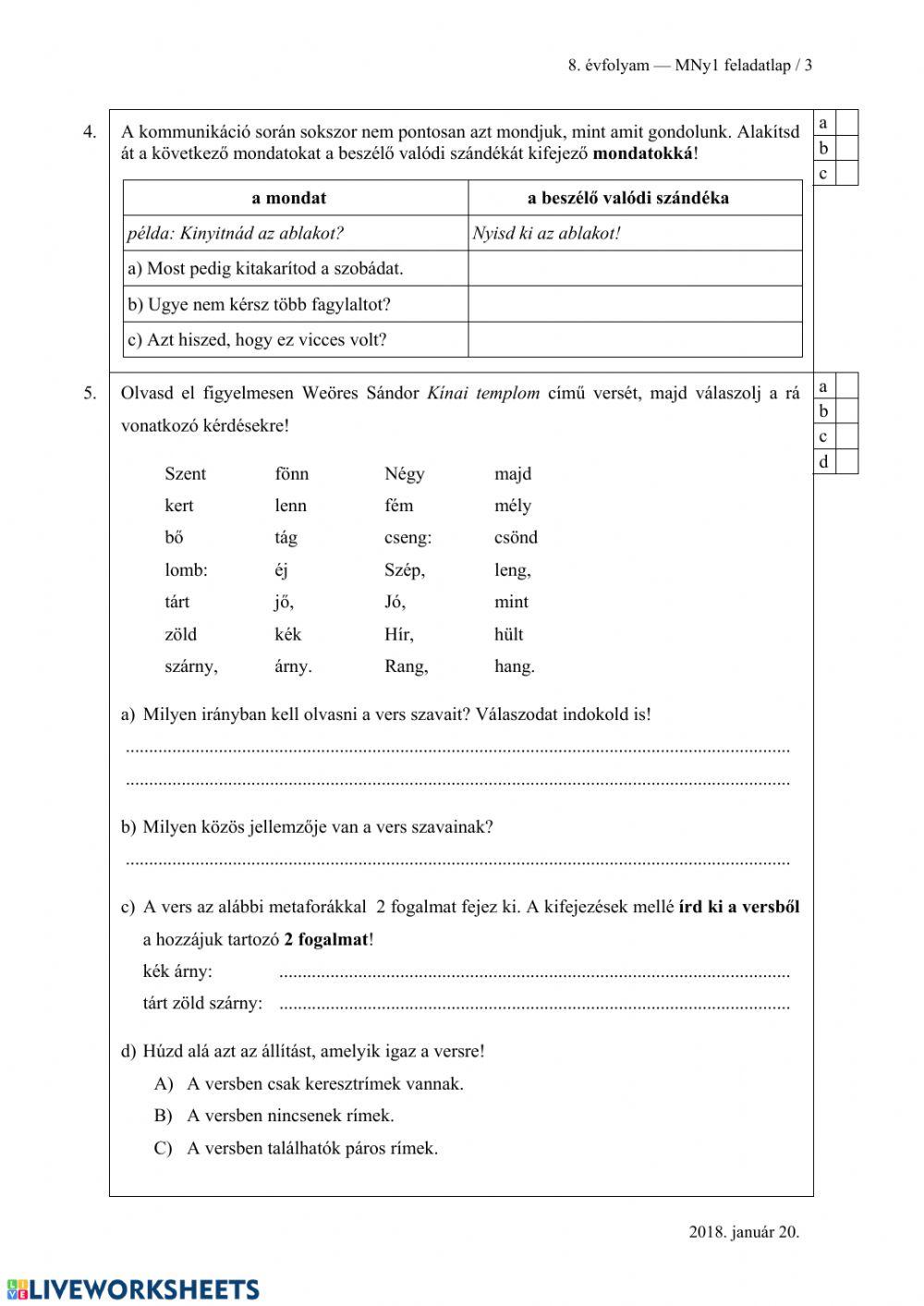 2018.01.20 Magyar nyelvtan feladatlap