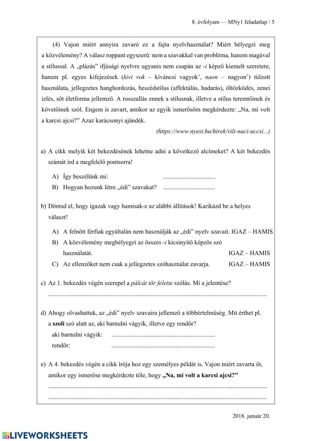 2018.01.20 Magyar nyelvtan feladatlap