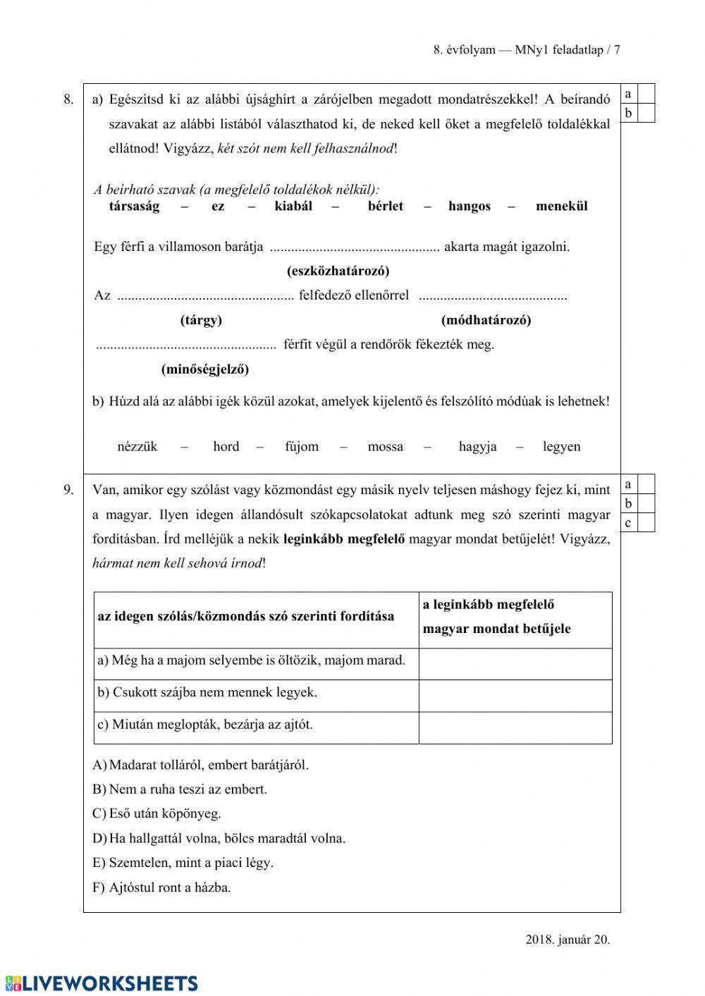 2018.01.20 Magyar nyelvtan feladatlap