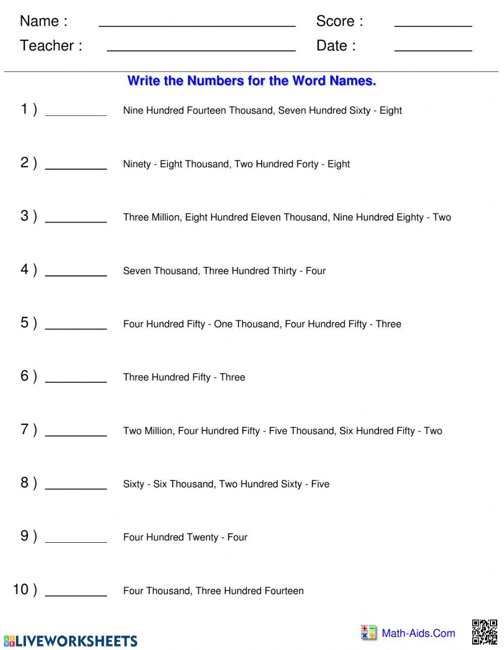 Large numbers interactive worksheet | Live Worksheets