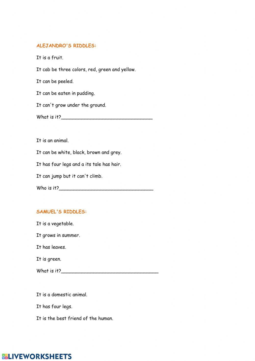 Liveworksheets-food and animal riddles