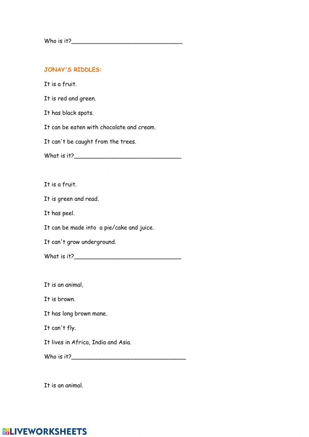 Liveworksheets-food and animal riddles