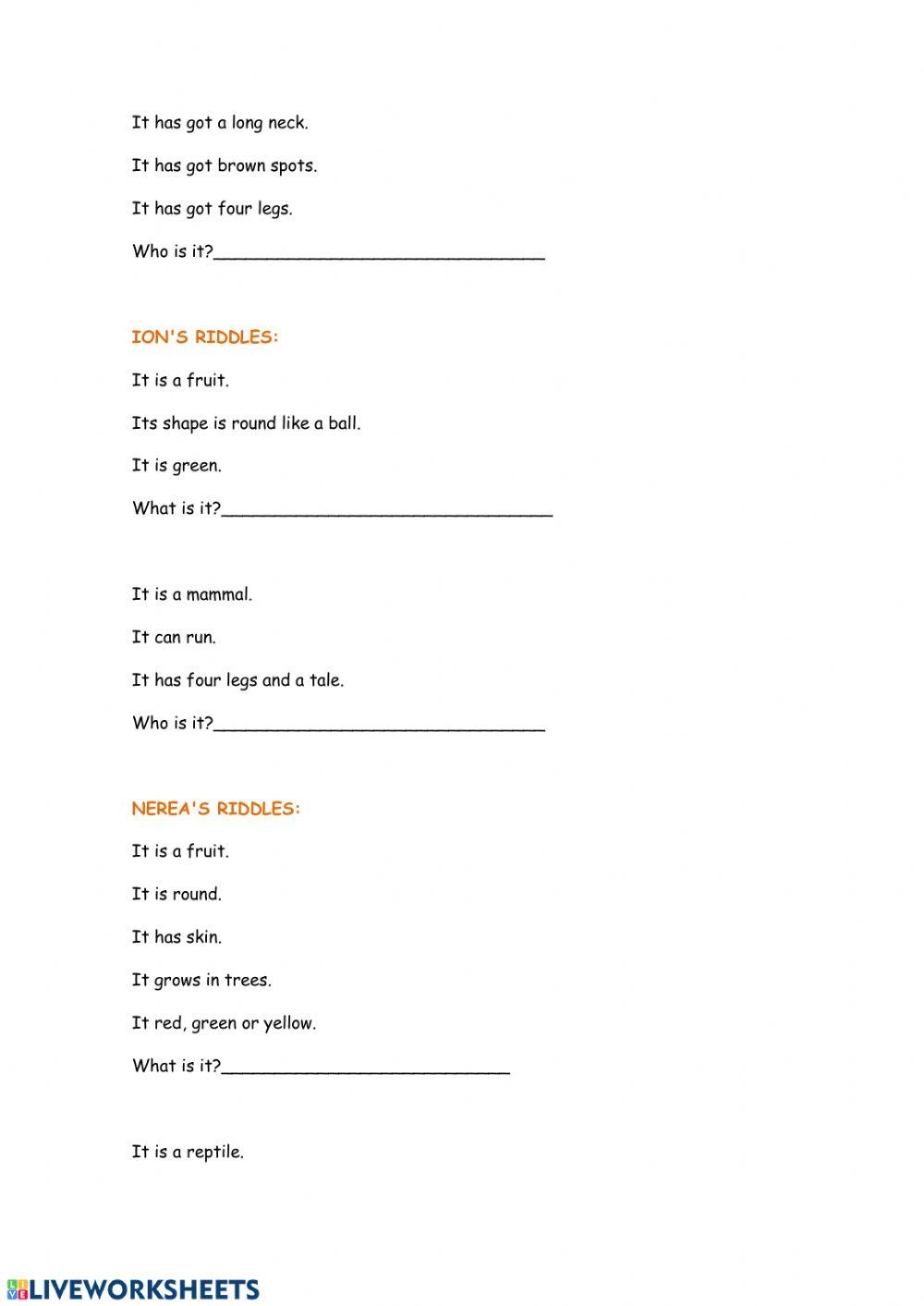 Liveworksheets-food and animal riddles