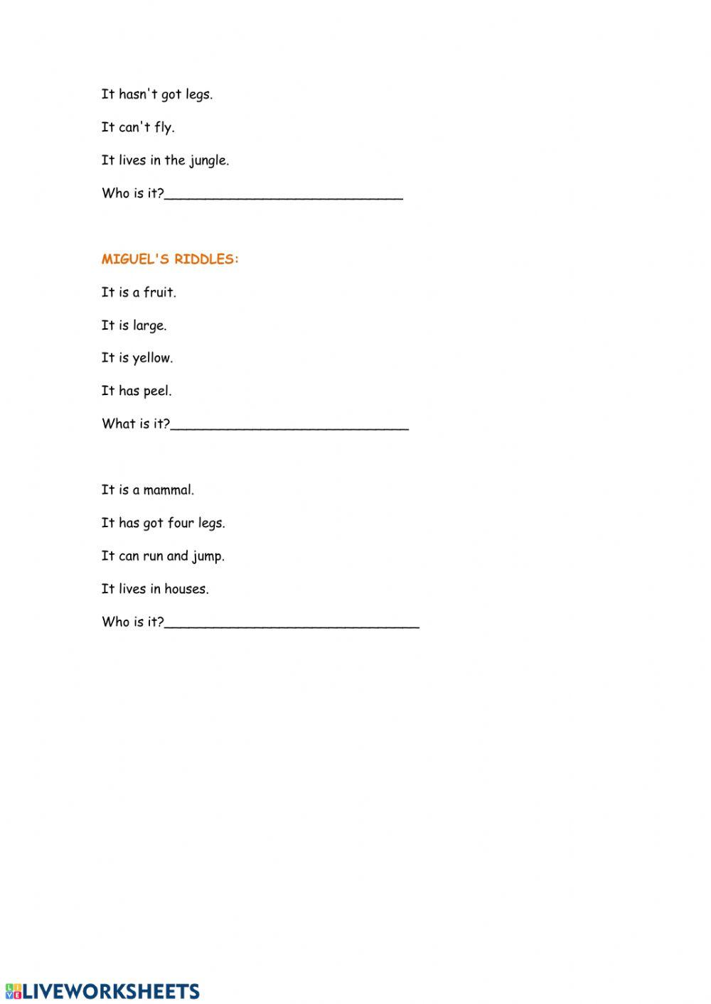 Liveworksheets-food and animal riddles