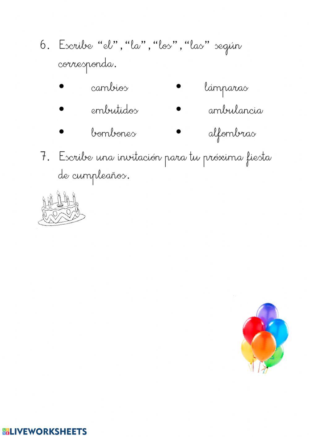 Prueba T.8 (1º)(CONTRARIOS, PLURAL-SINGULAR, ARTÍCULOS, INVITACIÓN)