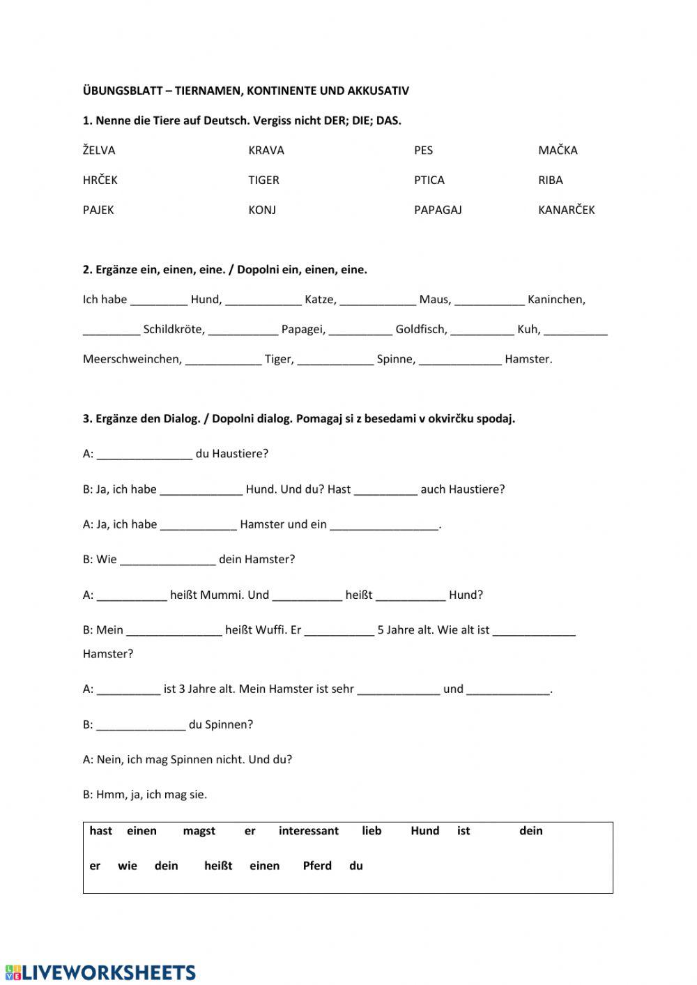Tiere - Wiederholungsübungen
