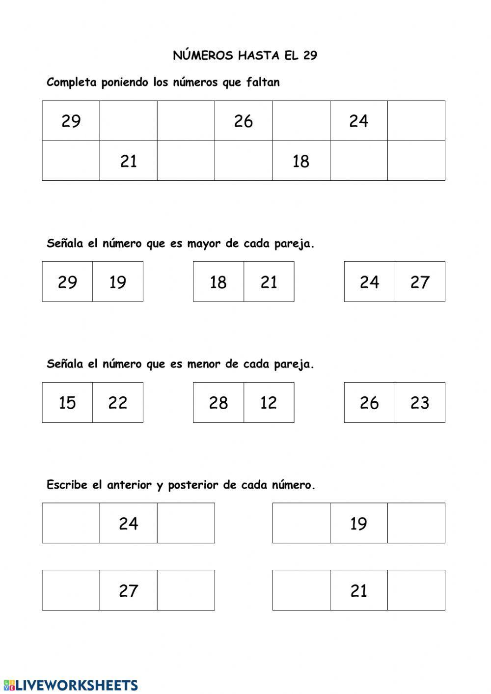 Numeración hasta el 29