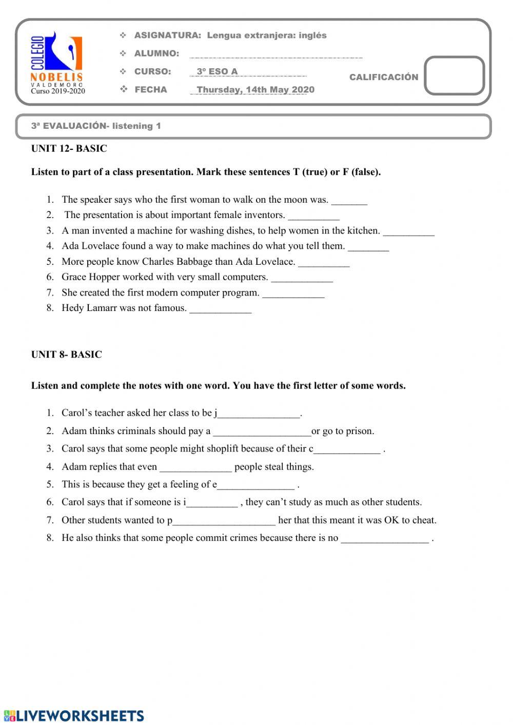 3º ESO- LISTENING 2 online exercise for | Live Worksheets