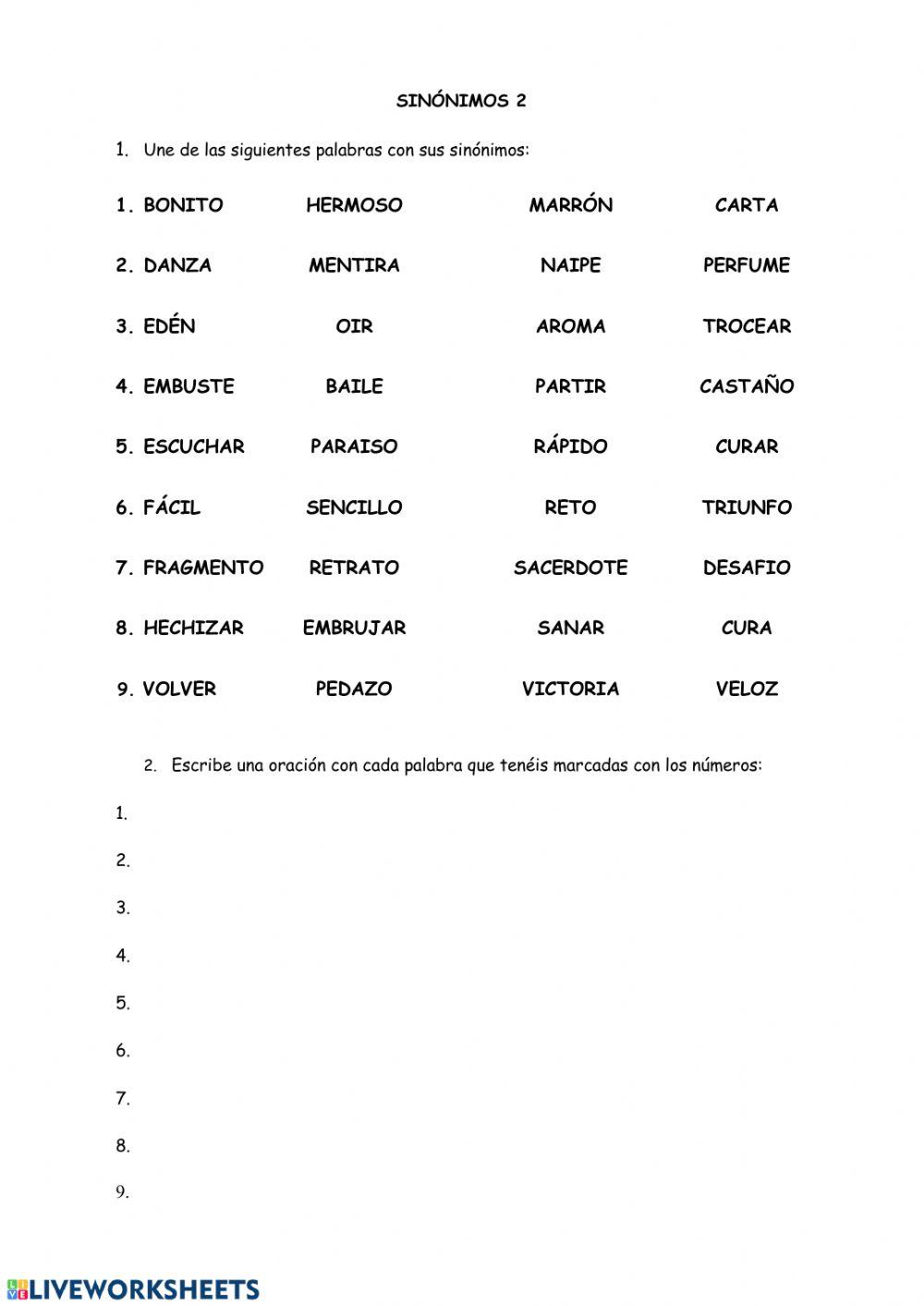 Sinónimos 2 worksheet | Live Worksheets