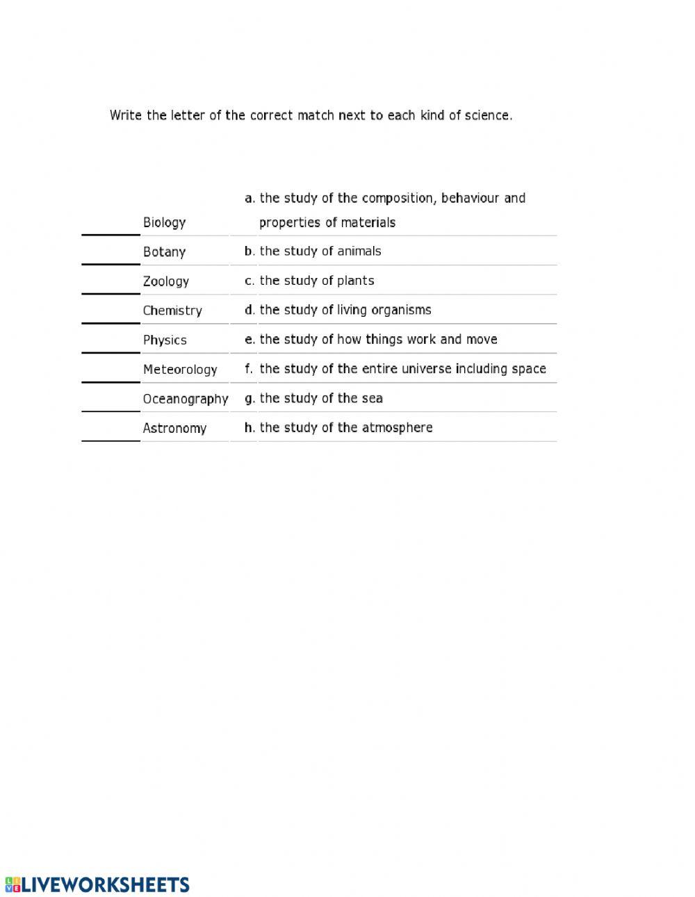 Branches of science sadelodge live worksheets
