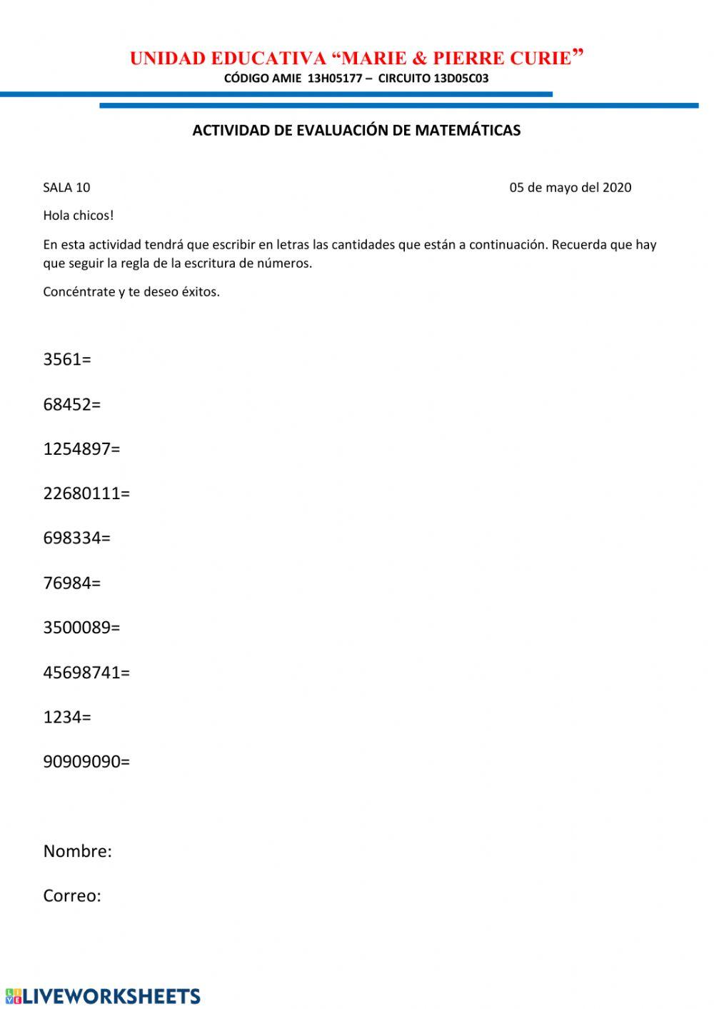 Escritura de números cardinales. 