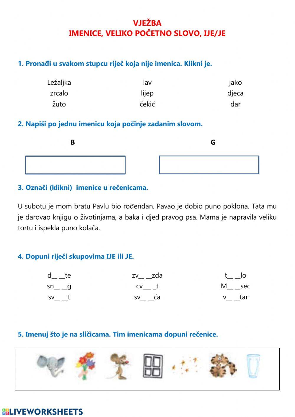Ispit - Imenice, veliko slovo, č, ć, -ije, -je