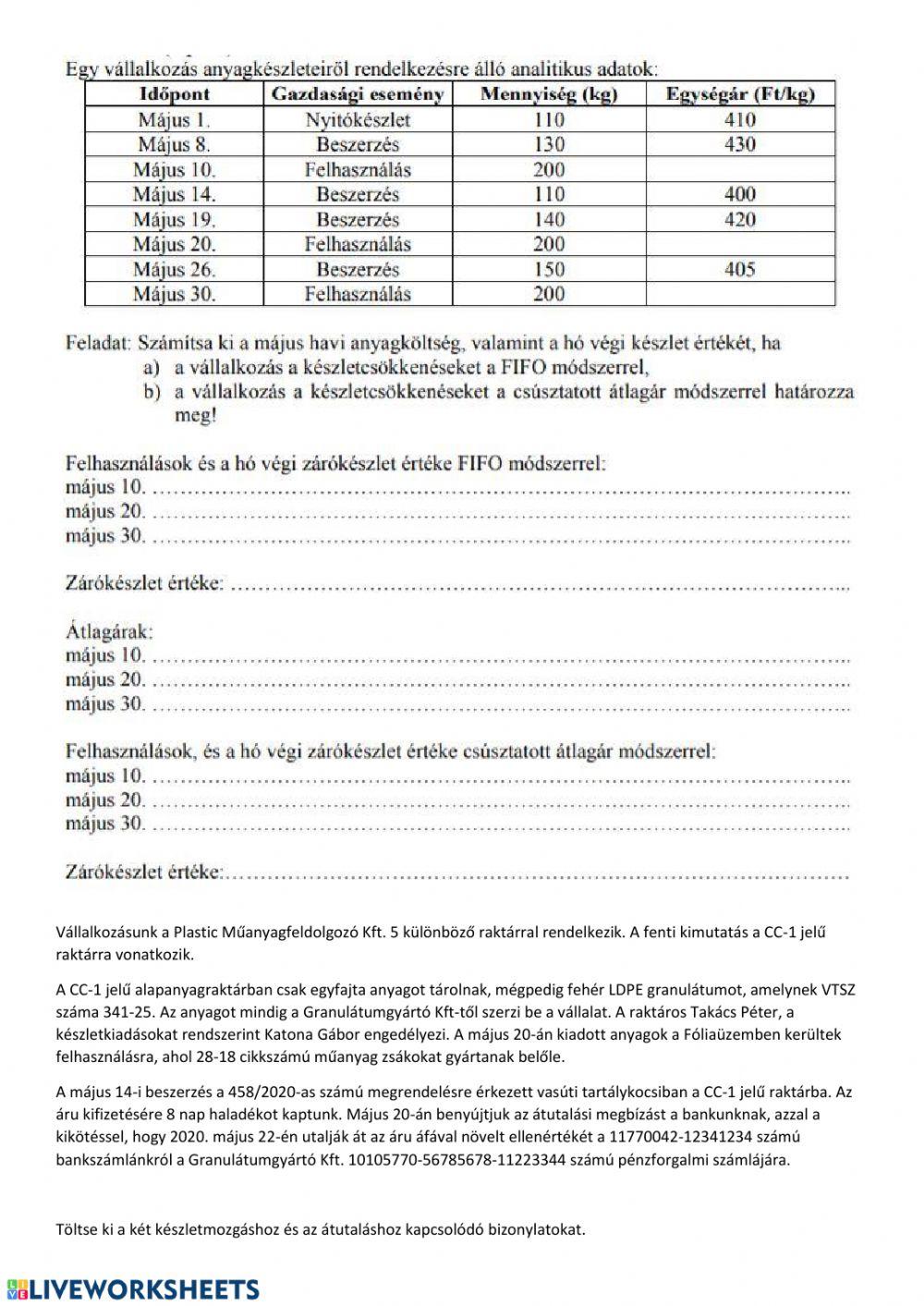 Anyagkészlet összegző feladás és bizonylatkitöltés