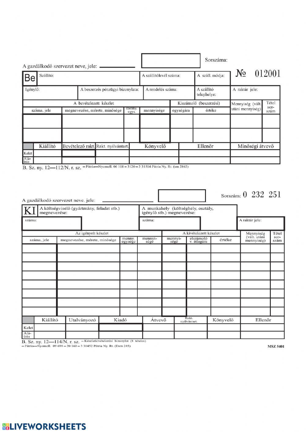 Anyagkészlet összegző feladás és bizonylatkitöltés