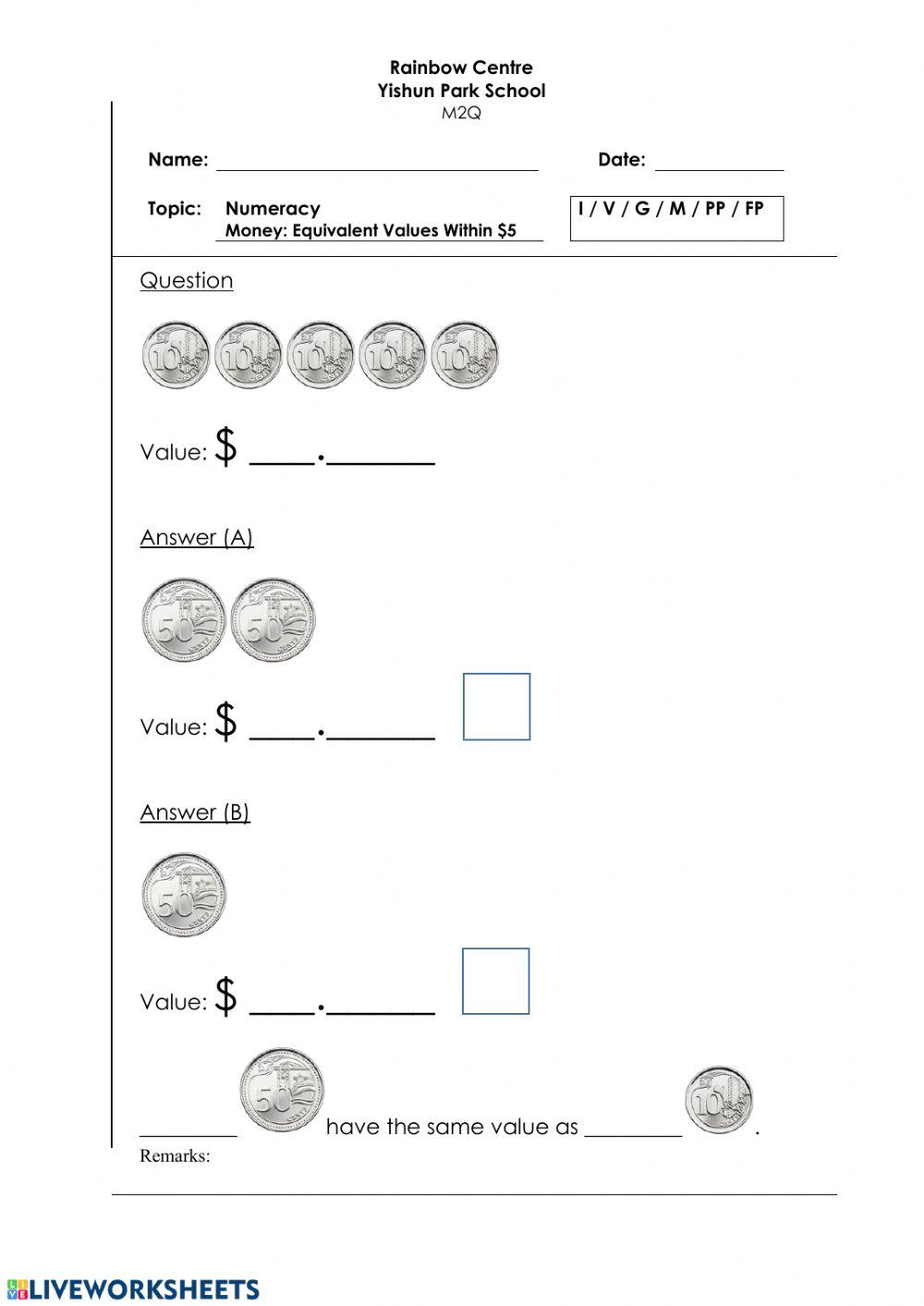 Money Type + Tick Worksheet - Equivalent Values Within -5 H, Z 2