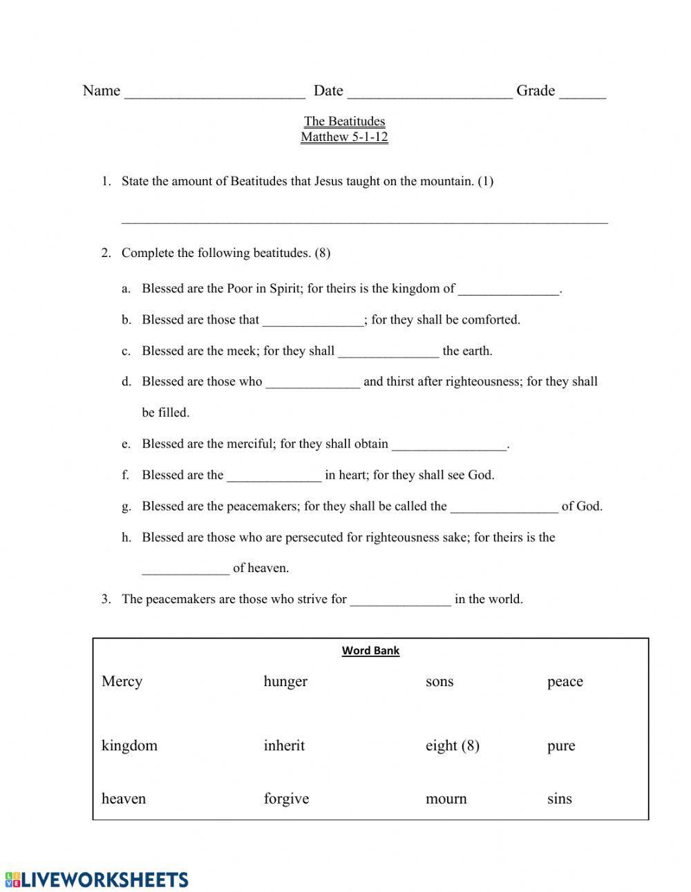 Beatitudes Fill in Blanks