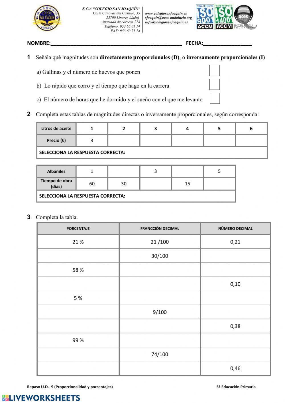 Repaso proporcionalidad y porcentajes