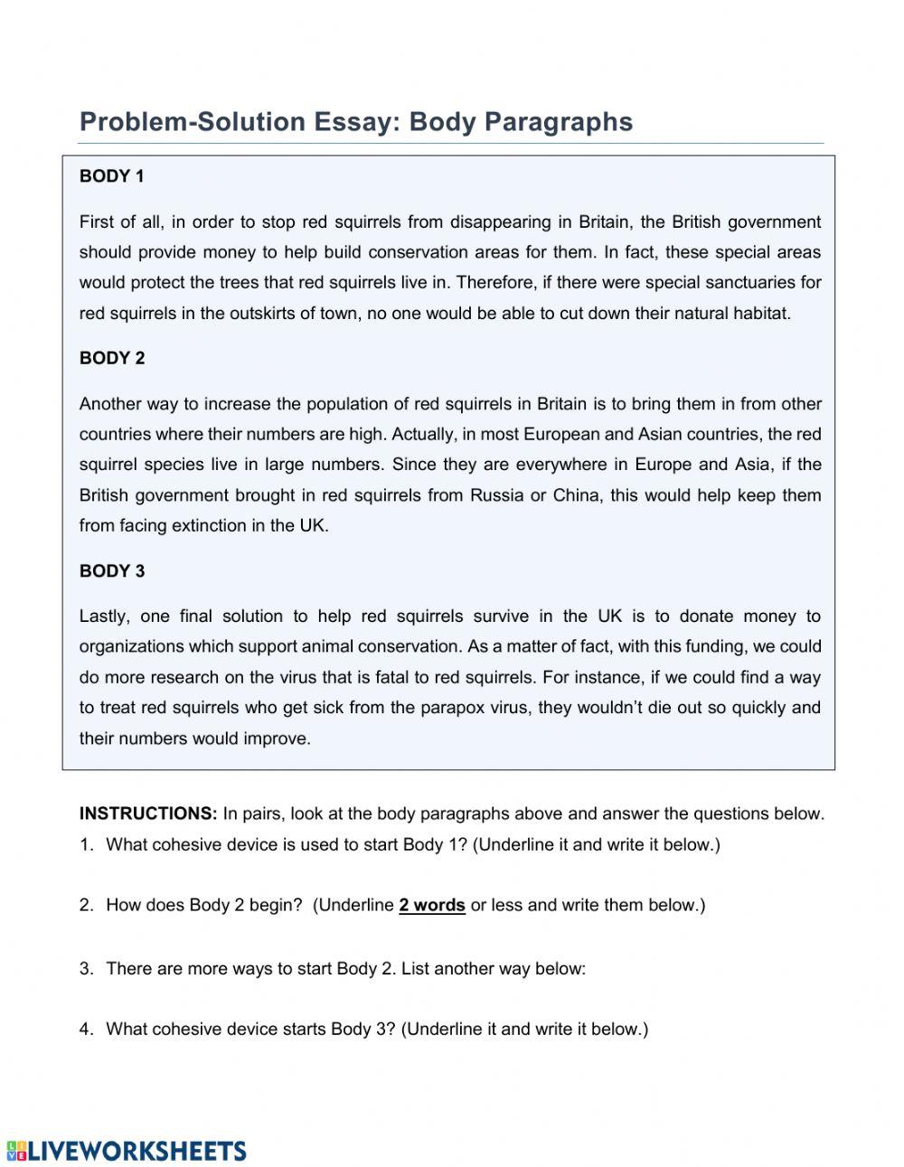 Problem Solution Essay Body Paragraphs and Conclusion online exercise ...