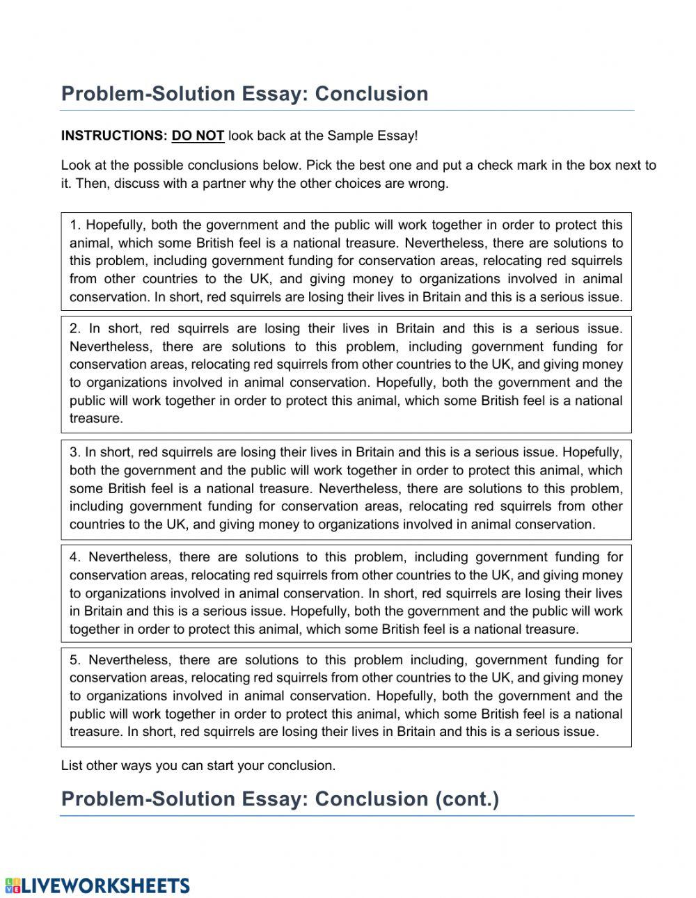 Problem Solution Essay Body Paragraphs and Conclusion online exercise ...