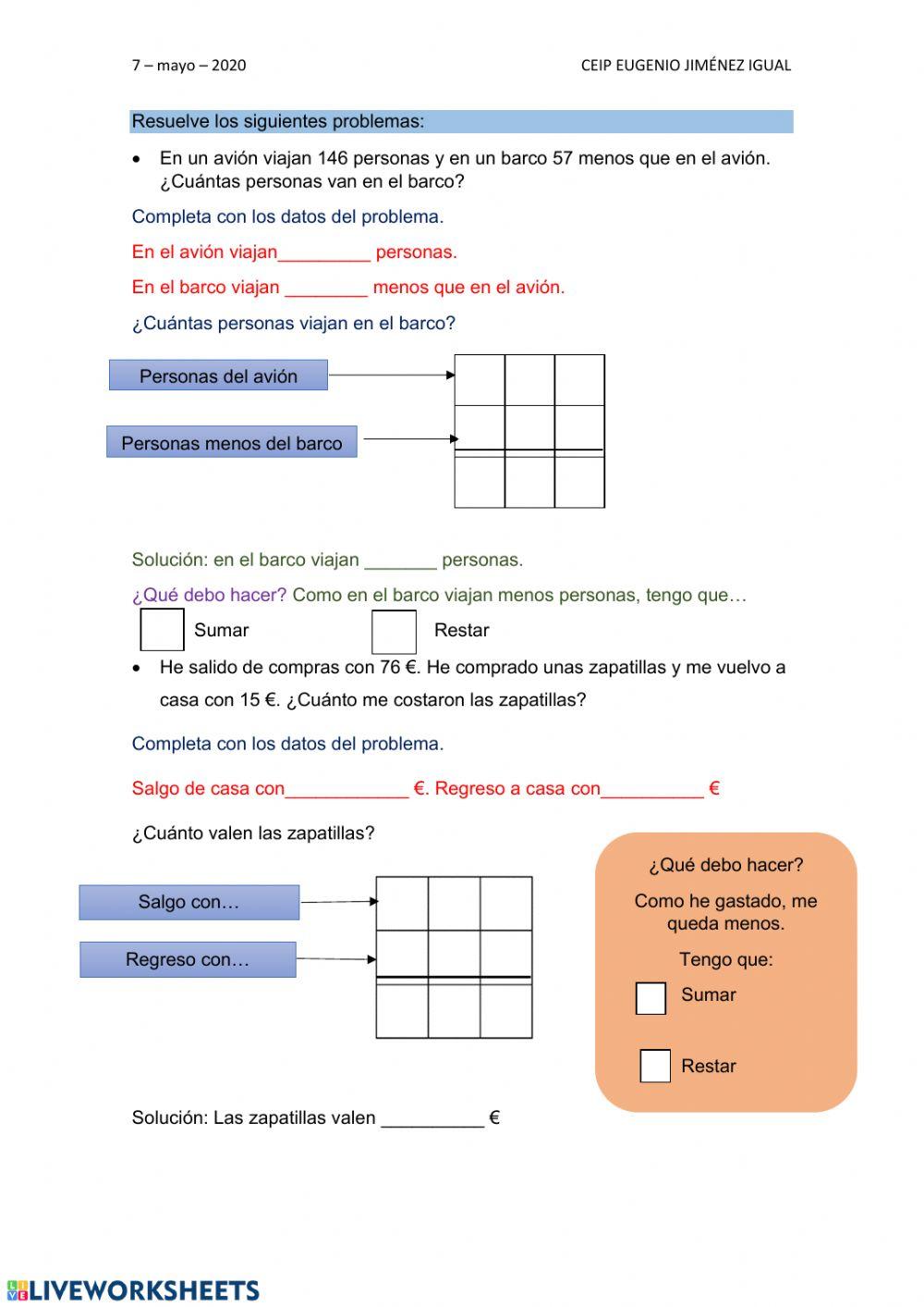 Problemas de matemáticas de restas con llevadas