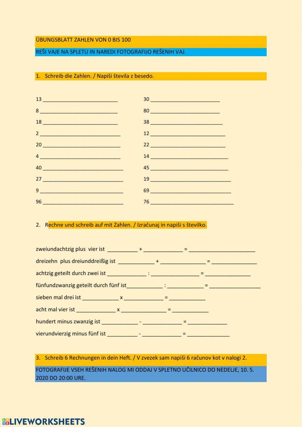 Zahlen von 0 - 100 Übung