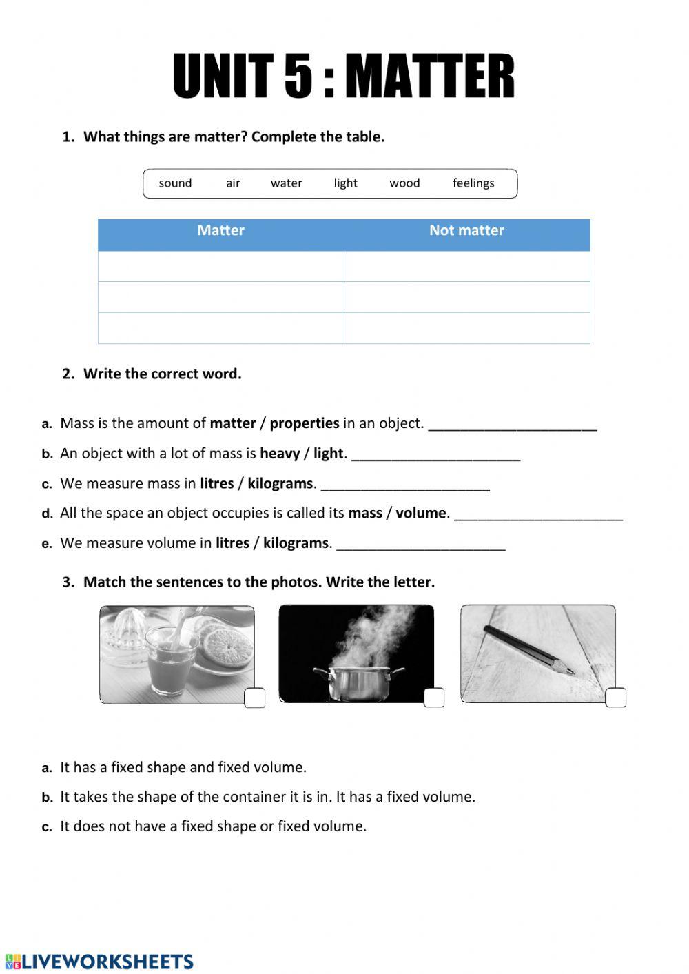 Matter review worksheet | Live Worksheets
