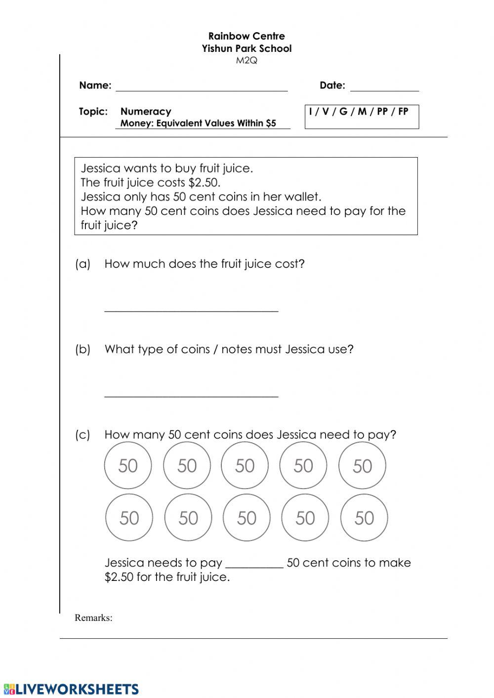 Money Problem Sums Worksheet - Equivalent Values Within -5 H, Z 1