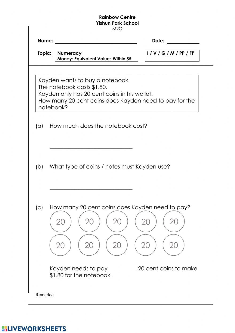 Money Problem Sums Worksheet - Equivalent Values Within -5 H, Z 1