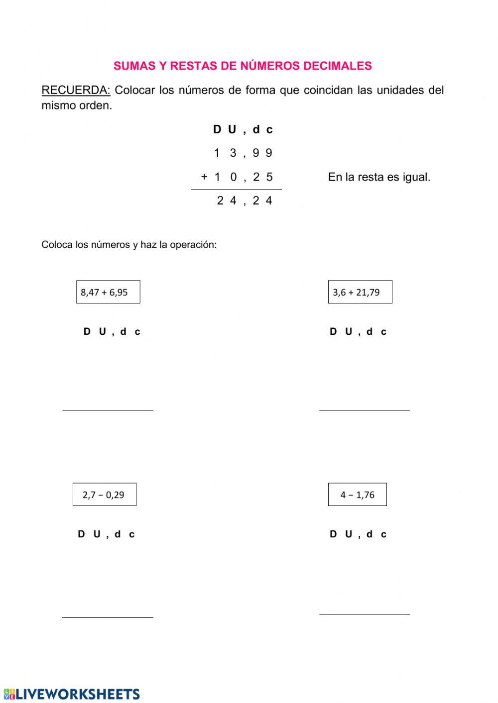 Sumas y restas de decimales Sumas y restas de decimales
