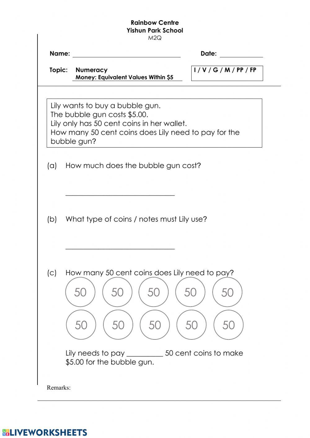 Money Problem Sums Worksheet - Equivalent Values Within -5 H, Z 2