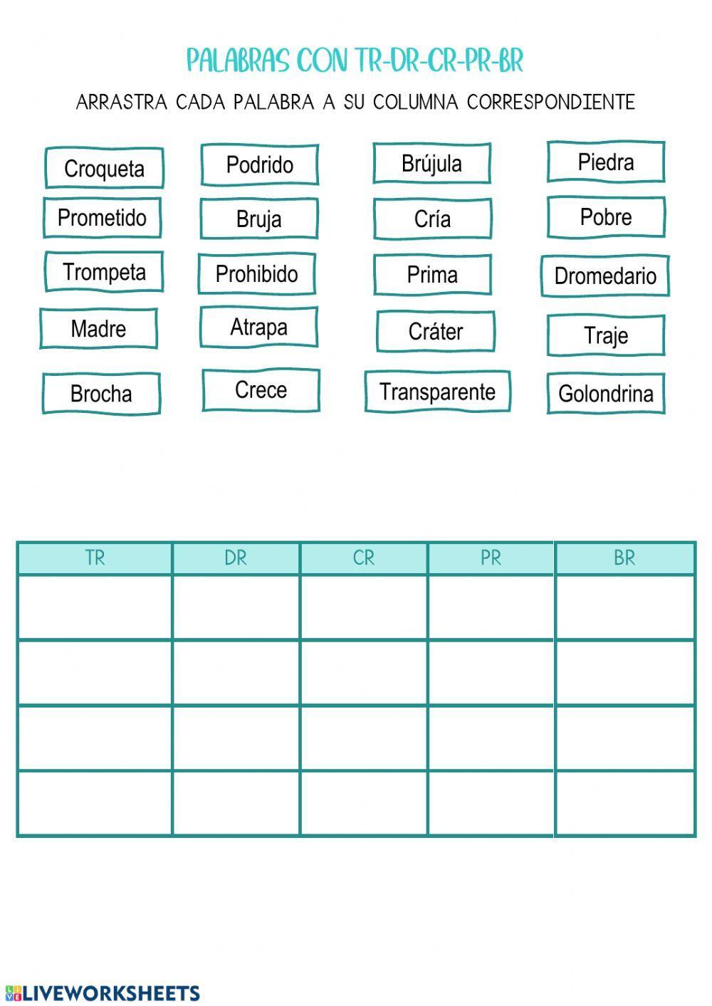 Palabras con CR-PR-TR-DR-BR worksheet | Live Worksheets