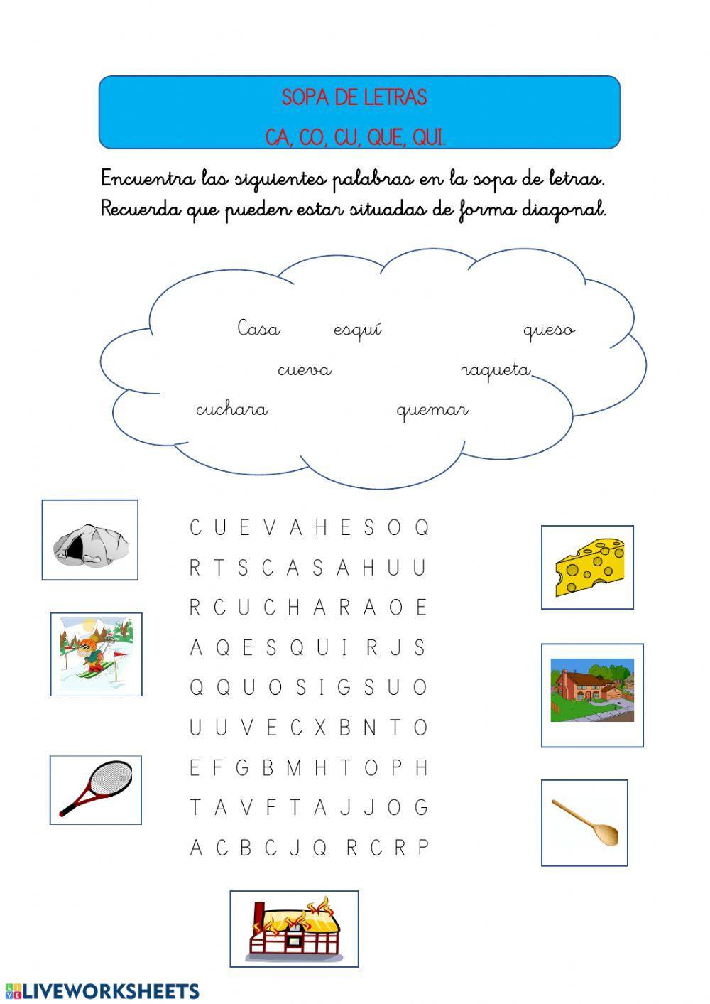Sopa de letras palabras con ca, co, cu, que, qui Sopa de letras palabras con ca, co, cu, que, qui