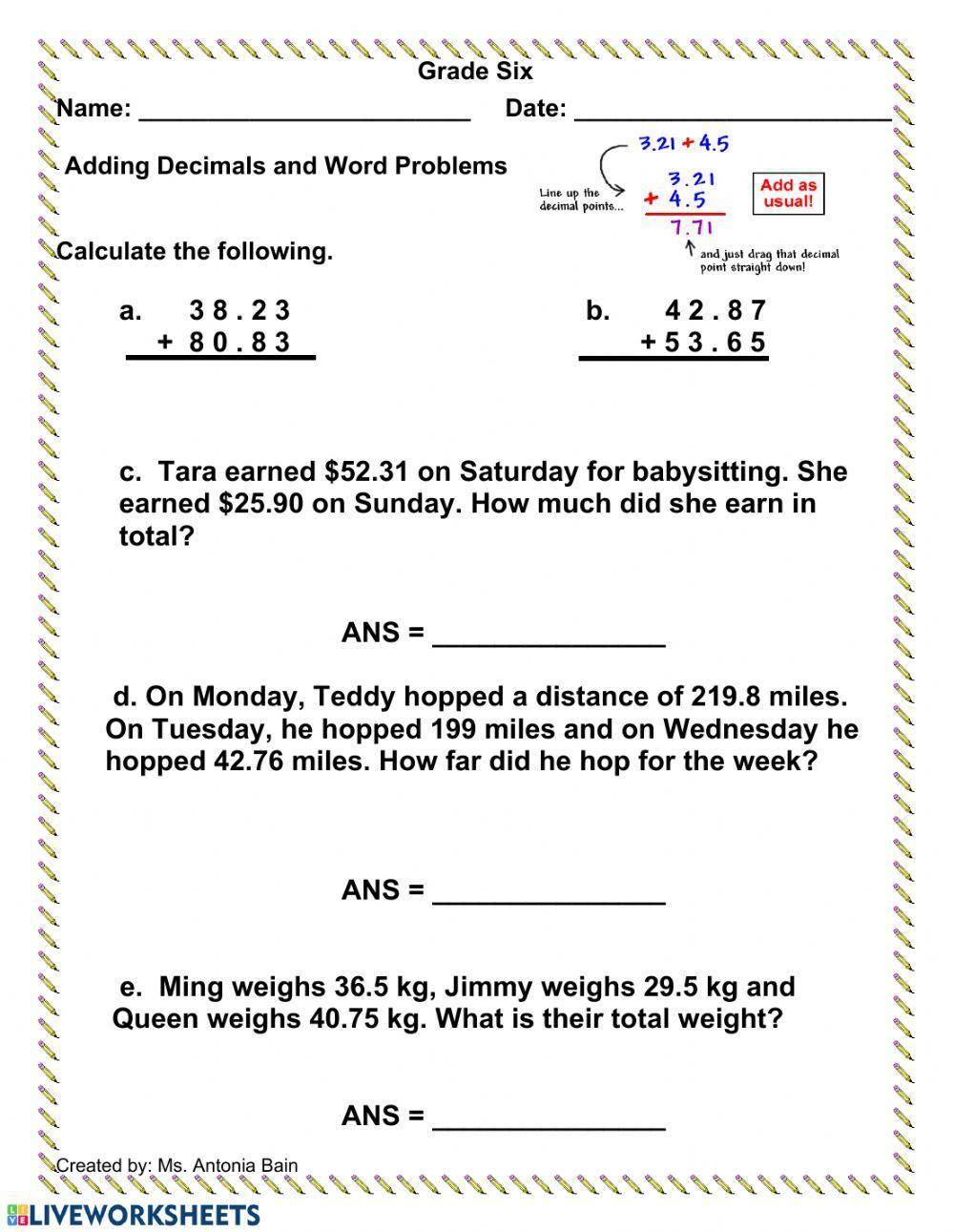 Adding Decimals with Word Problems
