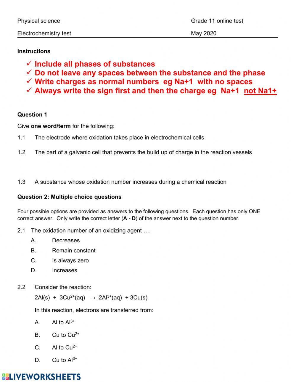 Electrochemistry test grade 12 worksheet Live Worksheets